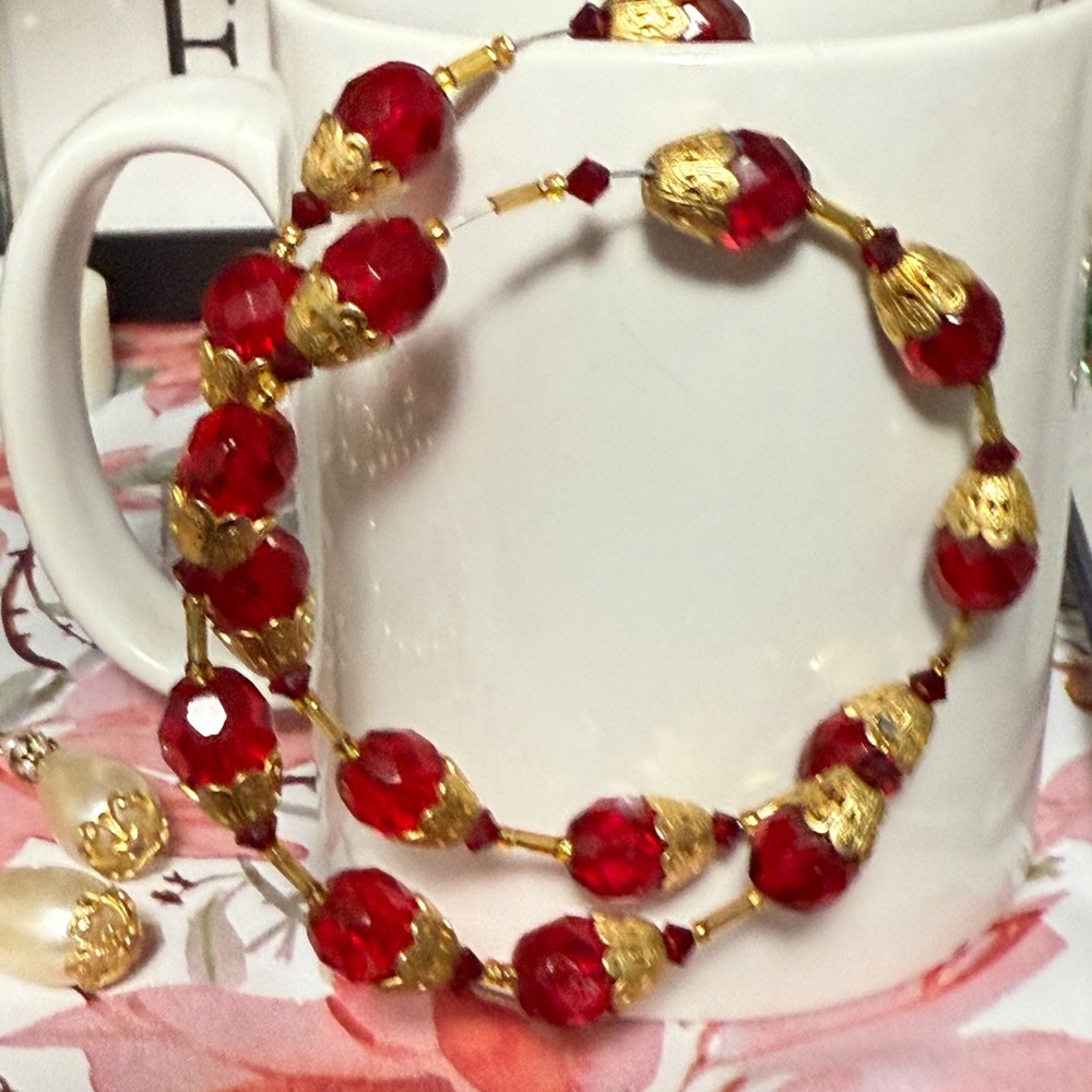 Elegant Red and Gold leaf  Beaded Bracelet one of a kind by William Holman